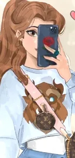 Cartoon character taking a selfie with a phone, showing a trendy and stylish look.