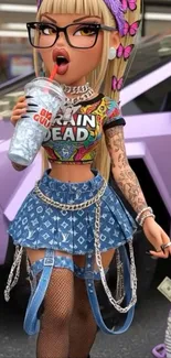 Cartoon character in street style fashion, sipping drink.