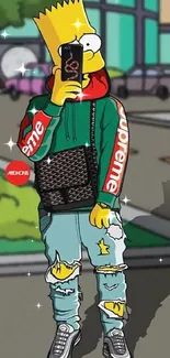 Cartoon character in streetwear holding phone.