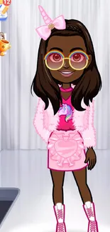 Fashionable cartoon avatar in pink attire with unicorn theme.