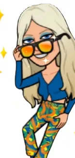 Trendy cartoon girl with sunglasses and colorful attire on a white background.