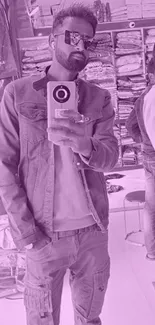 Stylish mirror selfie with man in denim and purple tint.