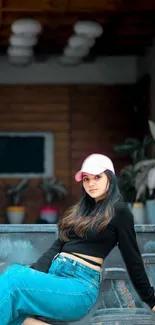 Trendy woman in casual attire sitting with stylish background.