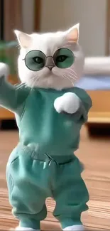 Trendy cat in green outfit with sunglasses.