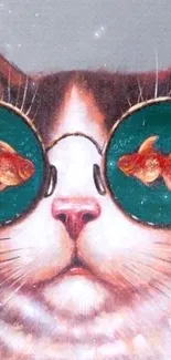 Cat with trendy sunglasses featuring colorful fish design.