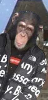 A chimpanzee in a stylish logo jacket with a fashionable streetwear vibe.