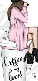 Illustration of woman sitting on coffee cup, wearing pink dress.