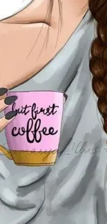 Cozy morning illustration with coffee cup and braided hair.