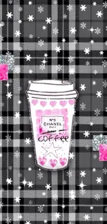 Chic coffee cup on pink plaid background with stylish design accents.