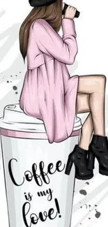 Stylish girl on coffee cup wallpaper with pink dress.