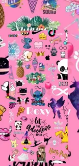 Vibrant pink wallpaper with doodles, unicorns, pandas, and pizzas.