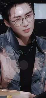 A stylish person with a colorful jacket and glasses in dark mode aesthetic.