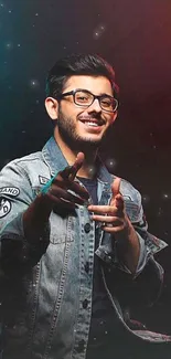 Young man in denim jacket with illuminated backdrop.