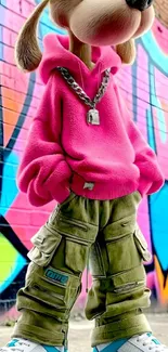 Cartoon dog in pink hoodie against graffiti wall.