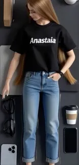 Fashion doll in casual attire, jeans, black shirt, and accessories.
