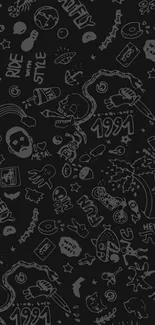 Dark doodle wallpaper with quirky 1990s sketches.