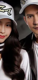 Portrait of a stylish duo wearing matching caps in an urban setting.