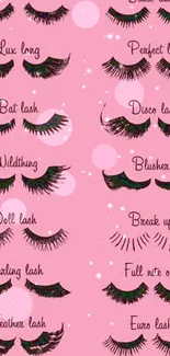 Mobile wallpaper displaying various eyelash styles on a pink background.