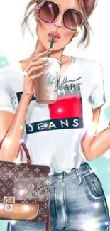 Illustration of a fashionable girl with sunglasses, drink, and designer bag.