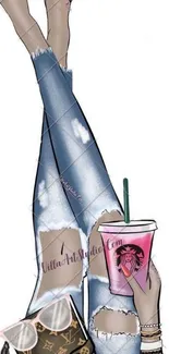 Fashionable illustration with jeans, pink heels, and a stylish cup.