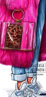 Fashion illustration with pink fur coat and trendy accessories.