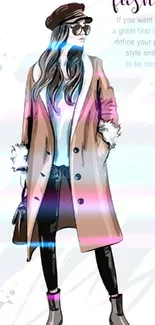 Illustration of a fashionable woman in sunglasses, coat, and stylish attire.