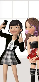 Cartoon friends taking a selfie, dressed stylishly with a playful attitude.