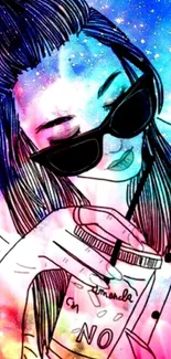 Illustrated woman in sunglasses with galaxy backdrop.