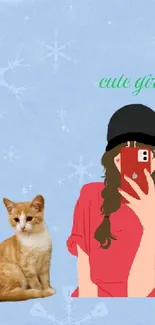 Girl taking a selfie with a cat on a snowy background.