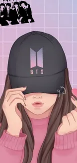 Illustration of a girl with BTS cap and pink background.