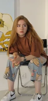 Girl with long hair sitting in an art-filled room.