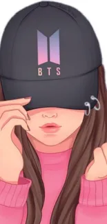 Illustrated girl wearing a BTS cap with a heart gesture in pink outfit.