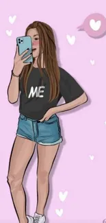 Illustration of a girl with a pink background taking a selfie.