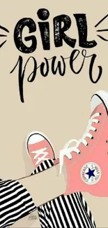 Girl power wallpaper with pink sneakers and bold text on a beige background.