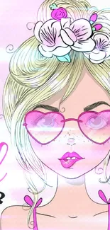 Illustration of a stylish girl with pink sunglasses and floral crown.