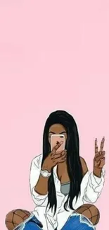 Vector art of a girl with long hair, peace sign, on pink background.