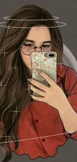 Stylish girl taking a selfie illustration on phone wallpaper.