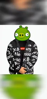 Trendy pig character with graphic jacket and green hue.