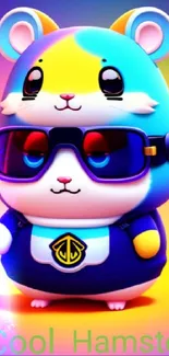 Colorful cartoon hamster with sunglasses and vibrant background.