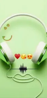 Vibrant green headphones with emojis and sound wave art on mobile wallpaper.