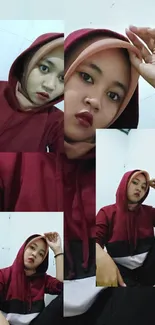 Collage of a young woman in a red hoodie posing stylishly.