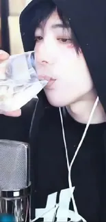 Person in black hoodie drinking water with microphone.