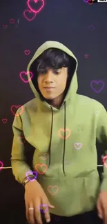 Green hoodie person with glowing heart overlay.