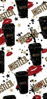 Hustler coffee cup wallpaper with red lips and stars.