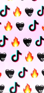 Phone wallpaper with TikTok, heart, and flame symbols on pink.