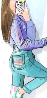 Illustrated girl holding a smartphone with vibrant colors and trendy style.