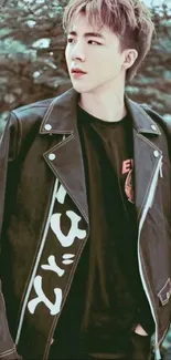 Young man in leather jacket with leafy background.