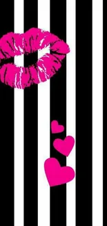 Pink lips and hearts on striped wallpaper background.