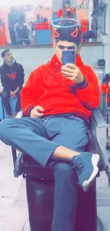 Mirror selfie in a barbershop with red hoodie and neon effects.