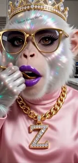 Monkey with crown, sunglasses, pink outfit.